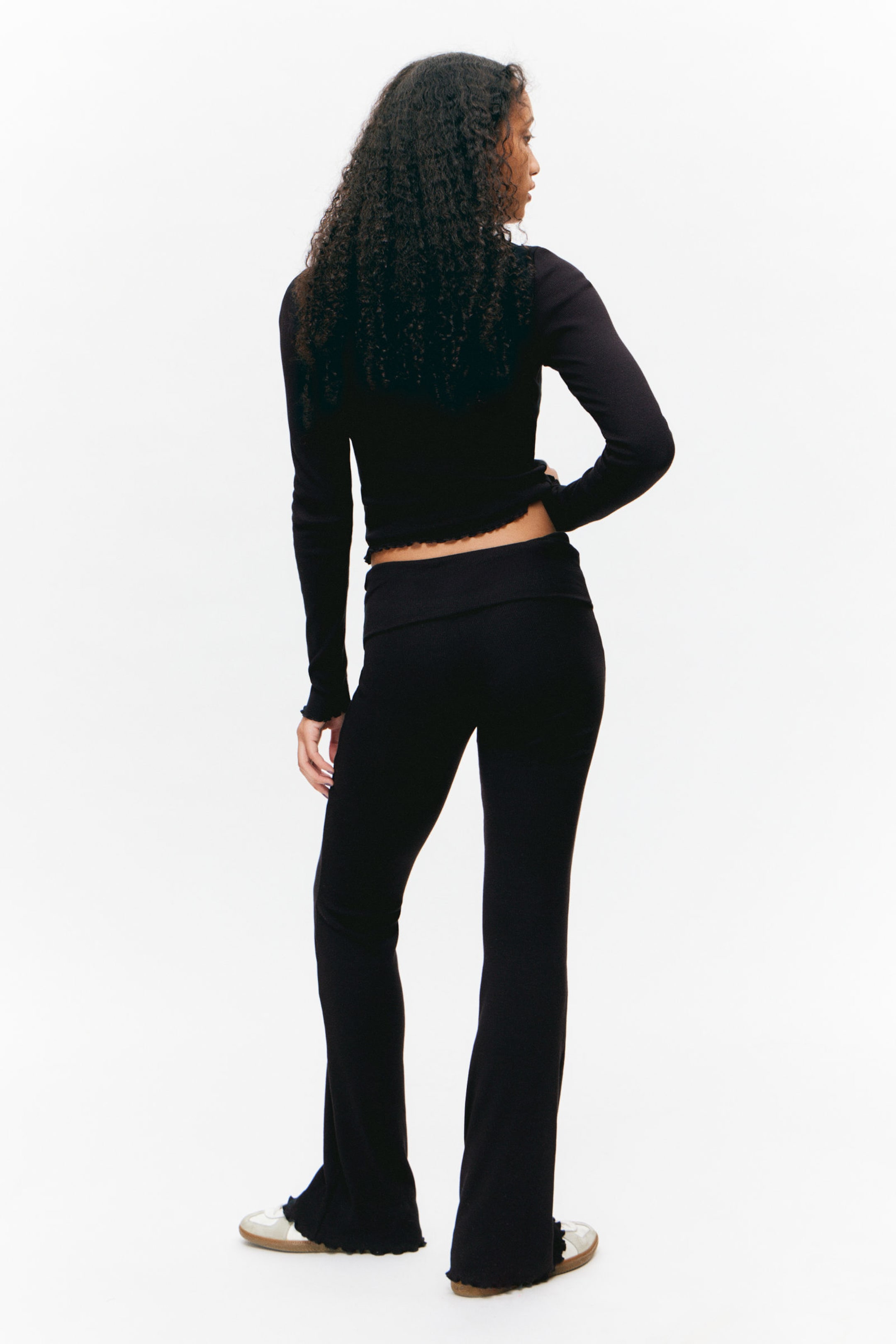 Black - Ribbed Fold-over Waist Flared Trousers - 2