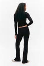 Black - Ribbed Fold-over Waist Flared Trousers - 2