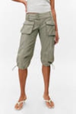 Khaki Green - Ultra-Low Rise Cargo Capri Trousers - 2