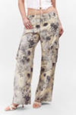Beige - Floral - Loose Fit Low Waist Twill Cargo Trousers - 1