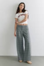 Checked Grey - Pleated High Waist Wide Leg Suiting Trousers - 0