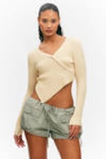 Light Dusty Beige - Knitted Wrap-shaped Asymmetric V-neck Sweater - 0