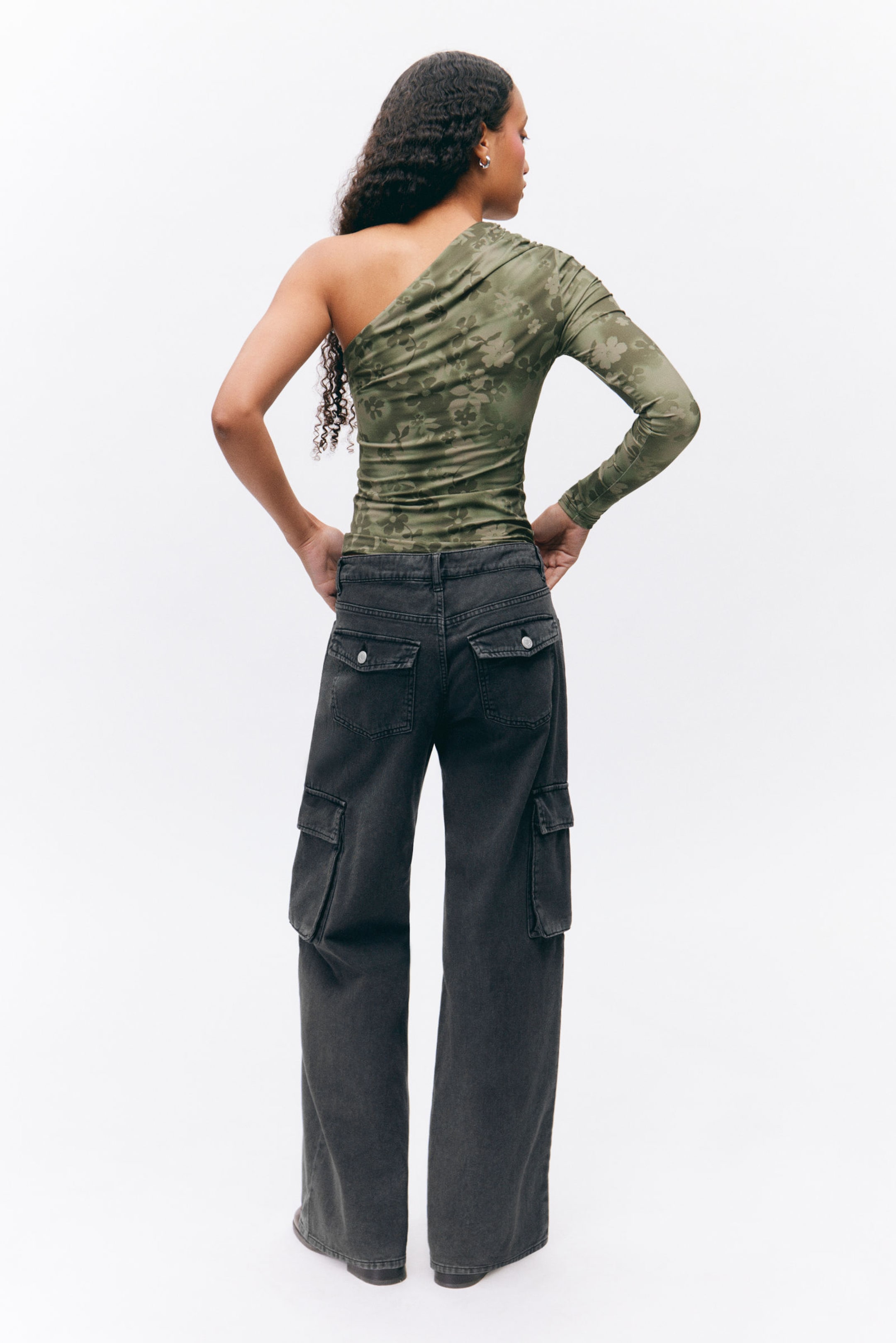 Khaki Green - Spray Flowers - Draped One-Shoulder Nylon Top - 2