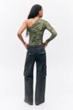 Khaki Green - Spray Flowers - Draped One-Shoulder Nylon Top - 2