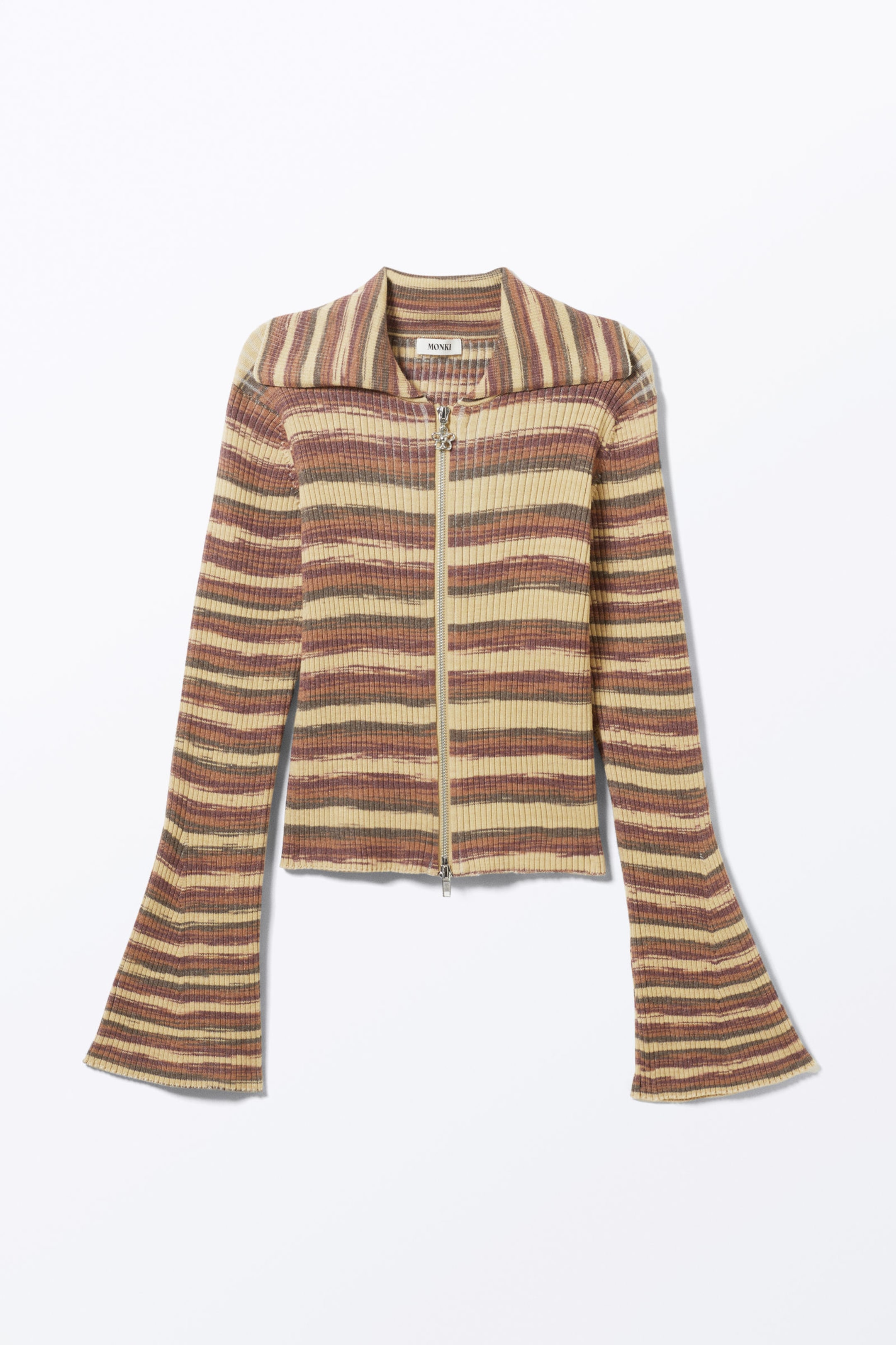 Brown Stripes - Flare-Sleeved Rib-Knitted Cardigan - 3