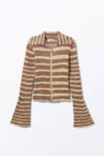 Brown Stripes - Flare-Sleeved Rib-Knitted Cardigan - 3