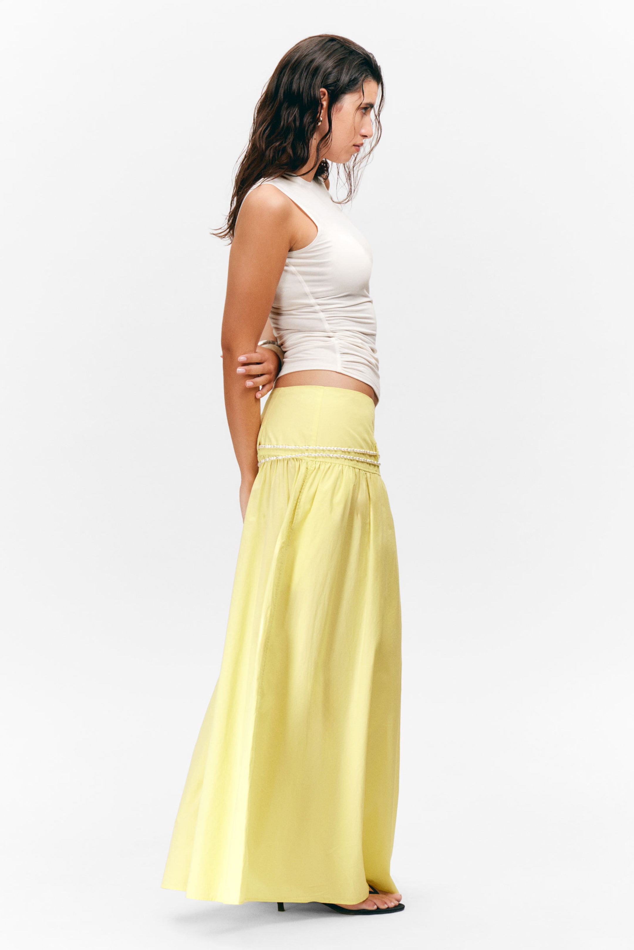 Light Yellow - Gathered Cotton Poplin Maxi Skirt - 2