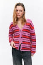 Pink & Red Stripe - Fluffy knit cardigan - 0