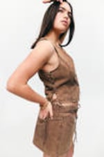 Washed Dark Brown - Sleeveless Lace-Up Denim Waistcoat - 2
