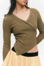 Dark Khaki Green - Knitted Wrap-shaped Asymmetric V-neck Sweater - 2