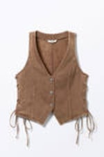 Washed Dark Brown - Sleeveless Lace-Up Denim Waistcoat - 4
