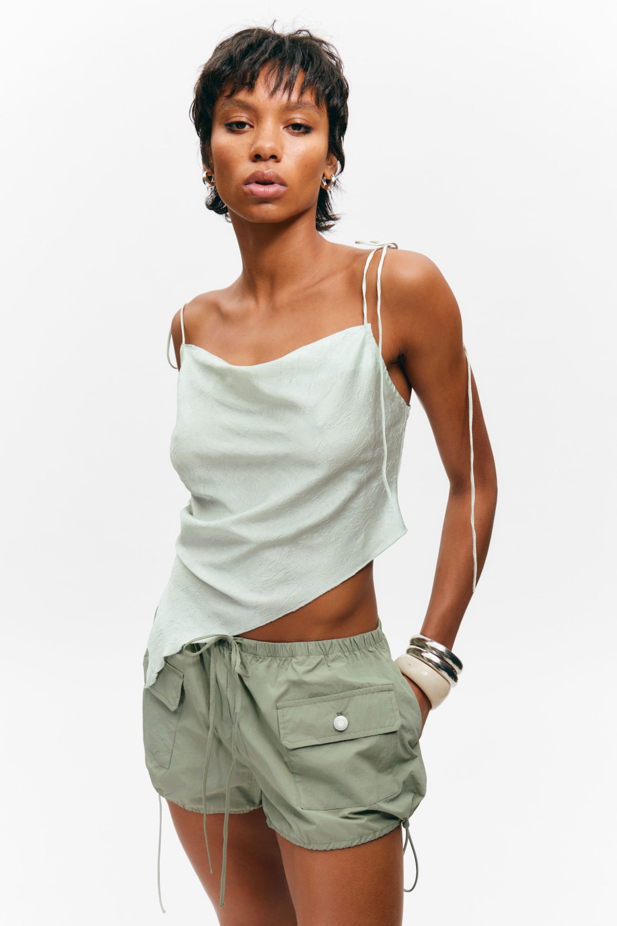 #8D8C81 - Drawstring Mini Cargo Shorts - 2