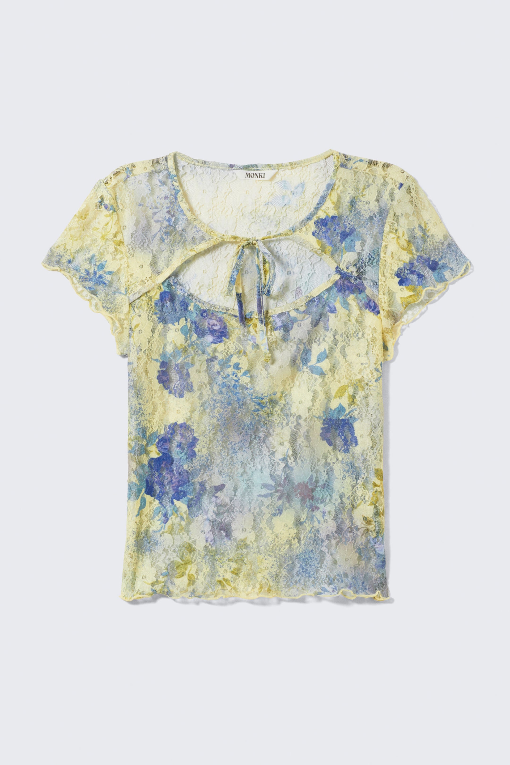 Floral Yellow - Lace Cap-Sleeved Tie-Front Top - 4