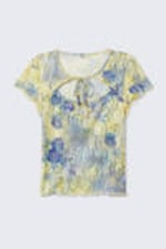 Floral Yellow - Lace Cap-Sleeved Tie-Front Top - 4