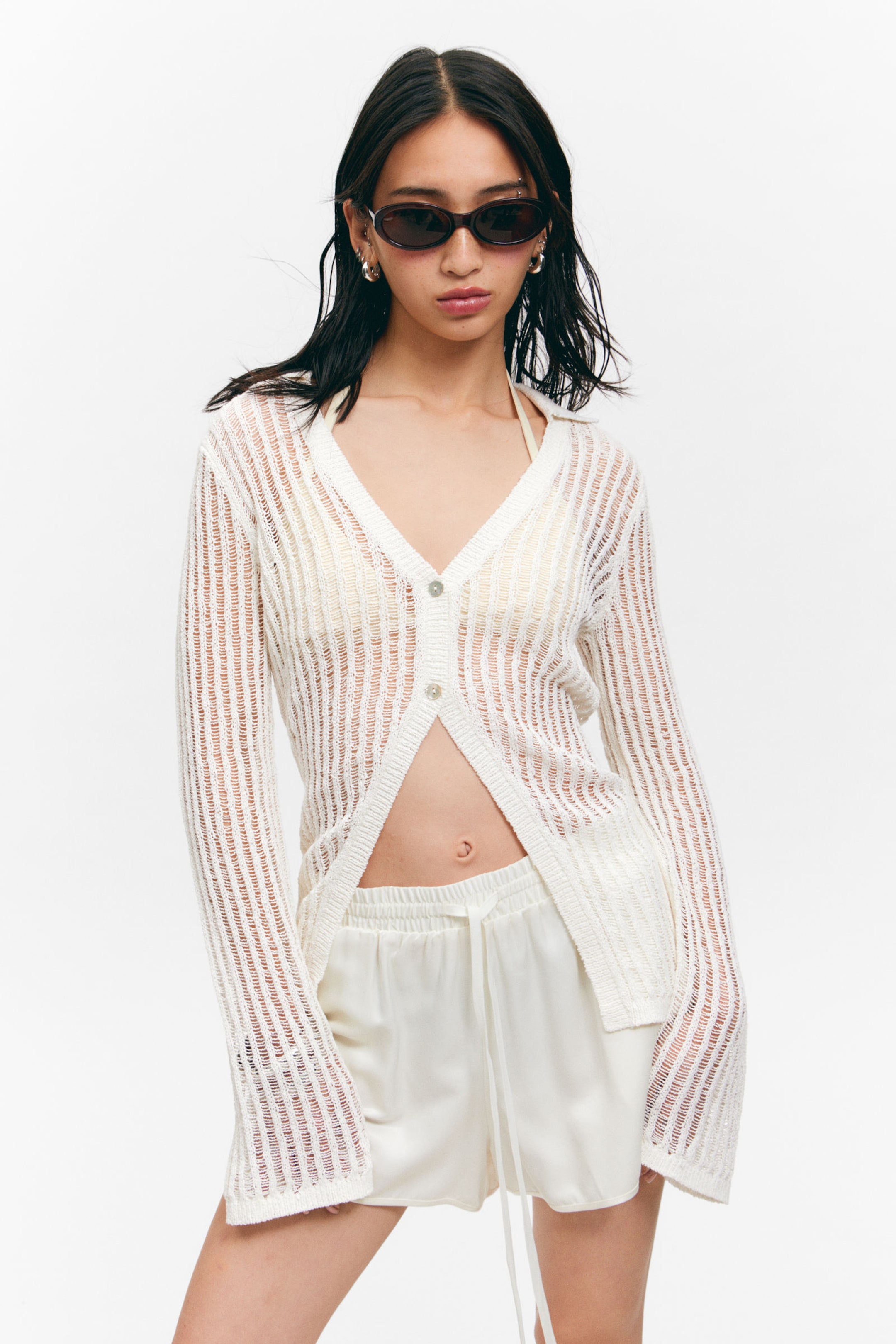 #ECE9E2 - Open-Knit V-neck Cardigan - 1