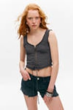 Dark Grey - Frilled Lace-Up Corset Top - 0