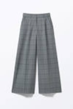 Checked Grey - Pleated High Waist Wide Leg Suiting Trousers - 3
