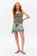Light Yellow - Blue Floral - Lace-Trim Satin Wrap Mini Skirt - 1