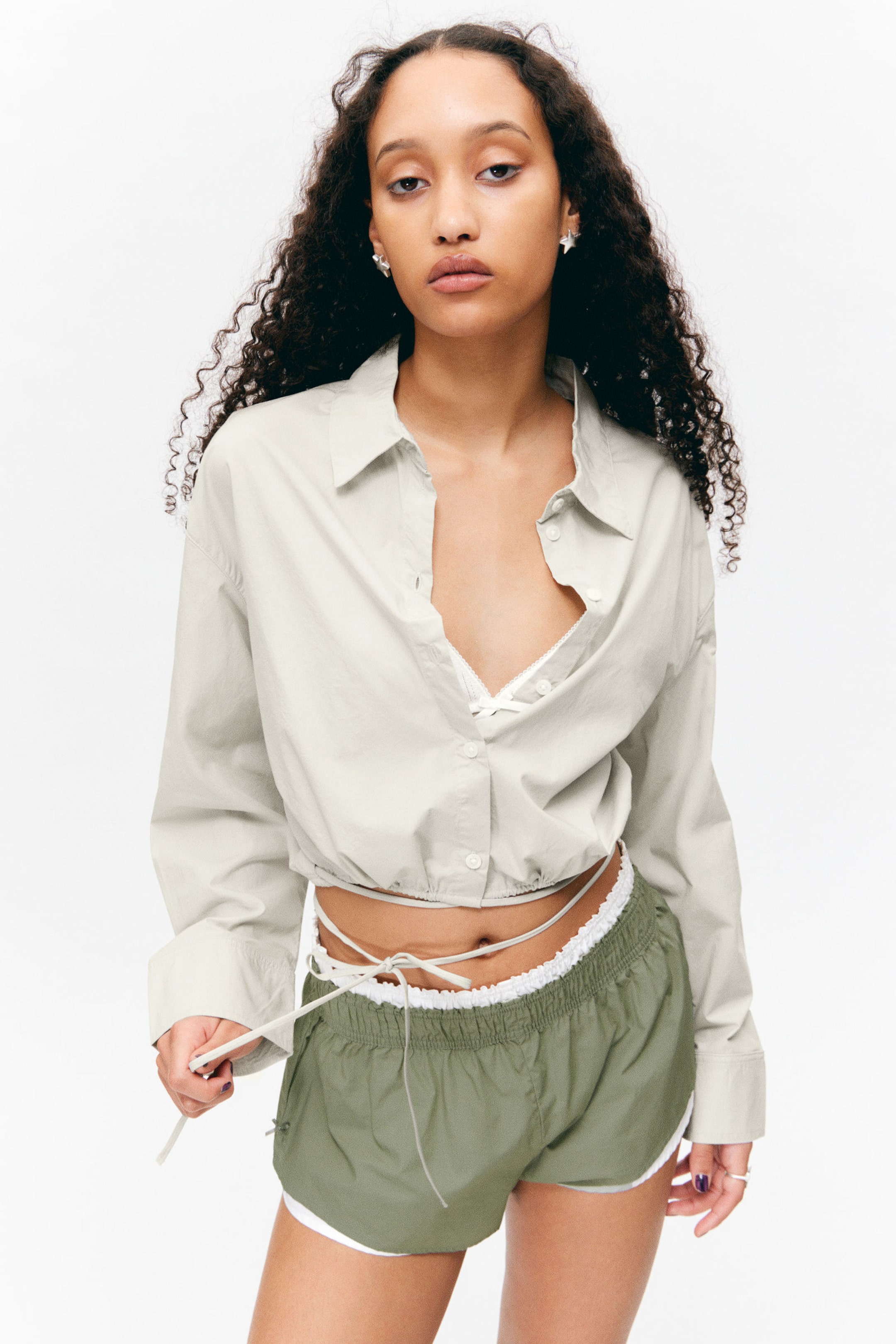 Light Green - Cropped Cotton Poplin Drawstring Night-Shirt - 1