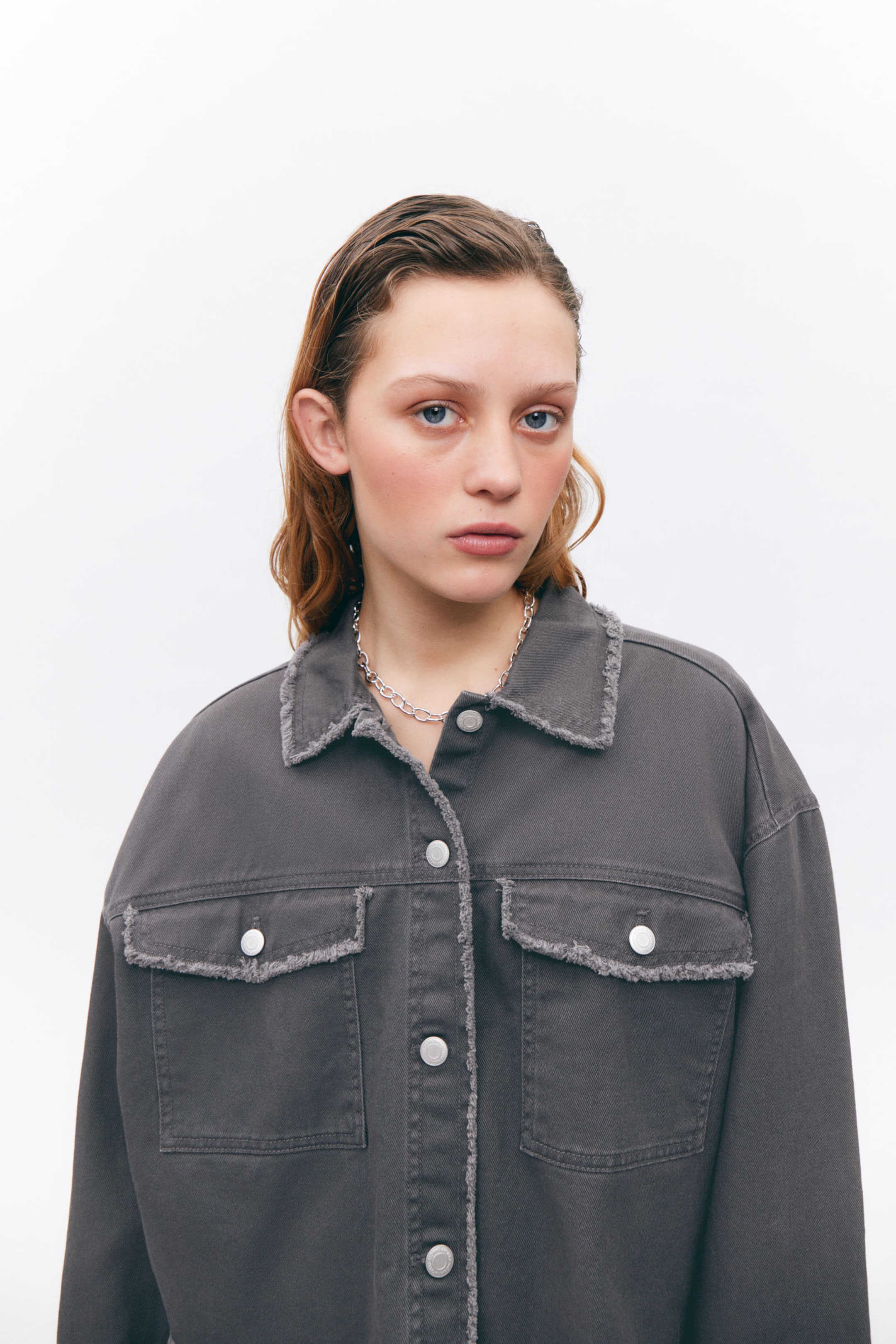 Dark Grey - Cropped Boxy Twill Jacket - 2