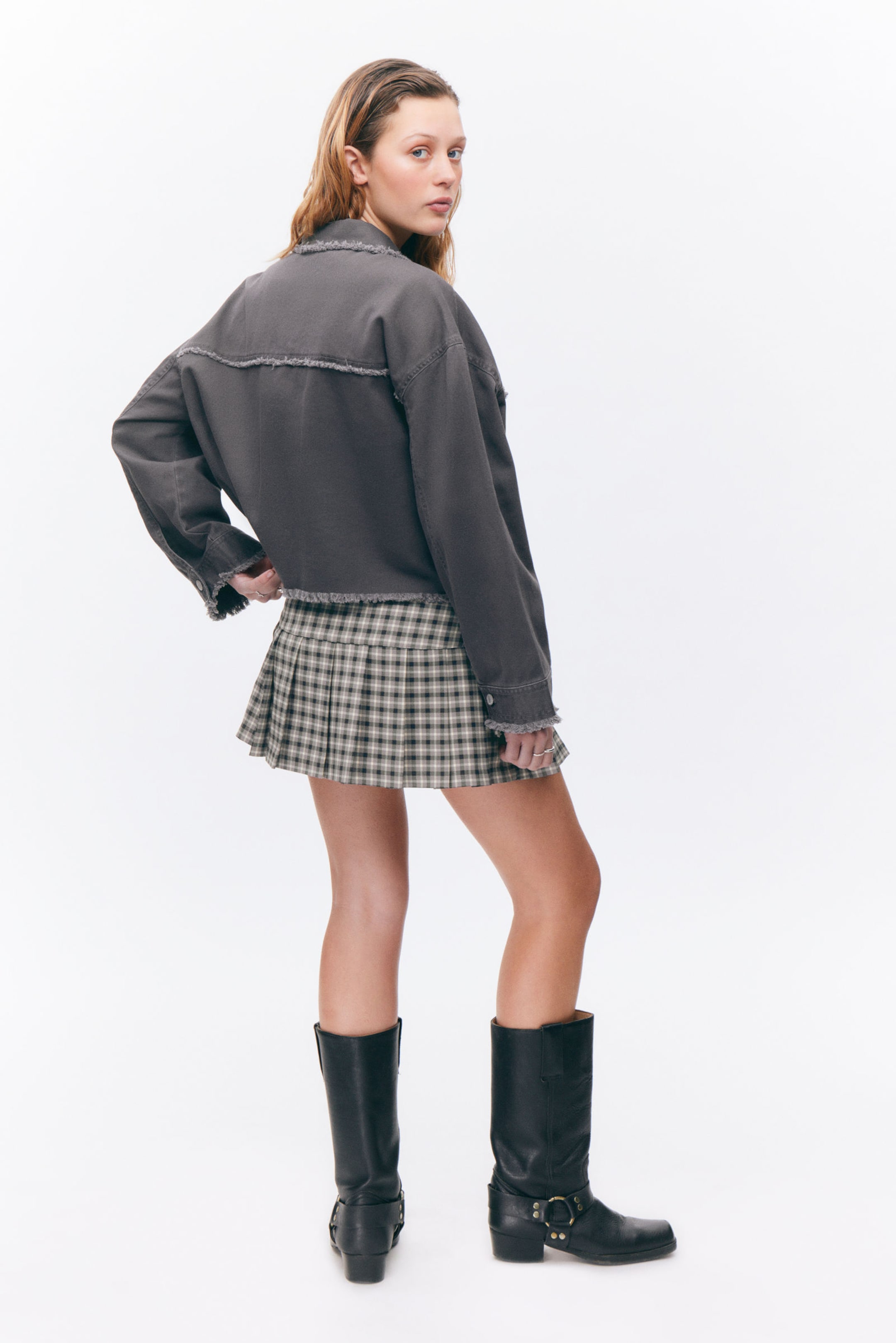 Dark Grey - Cropped Boxy Twill Jacket - 3
