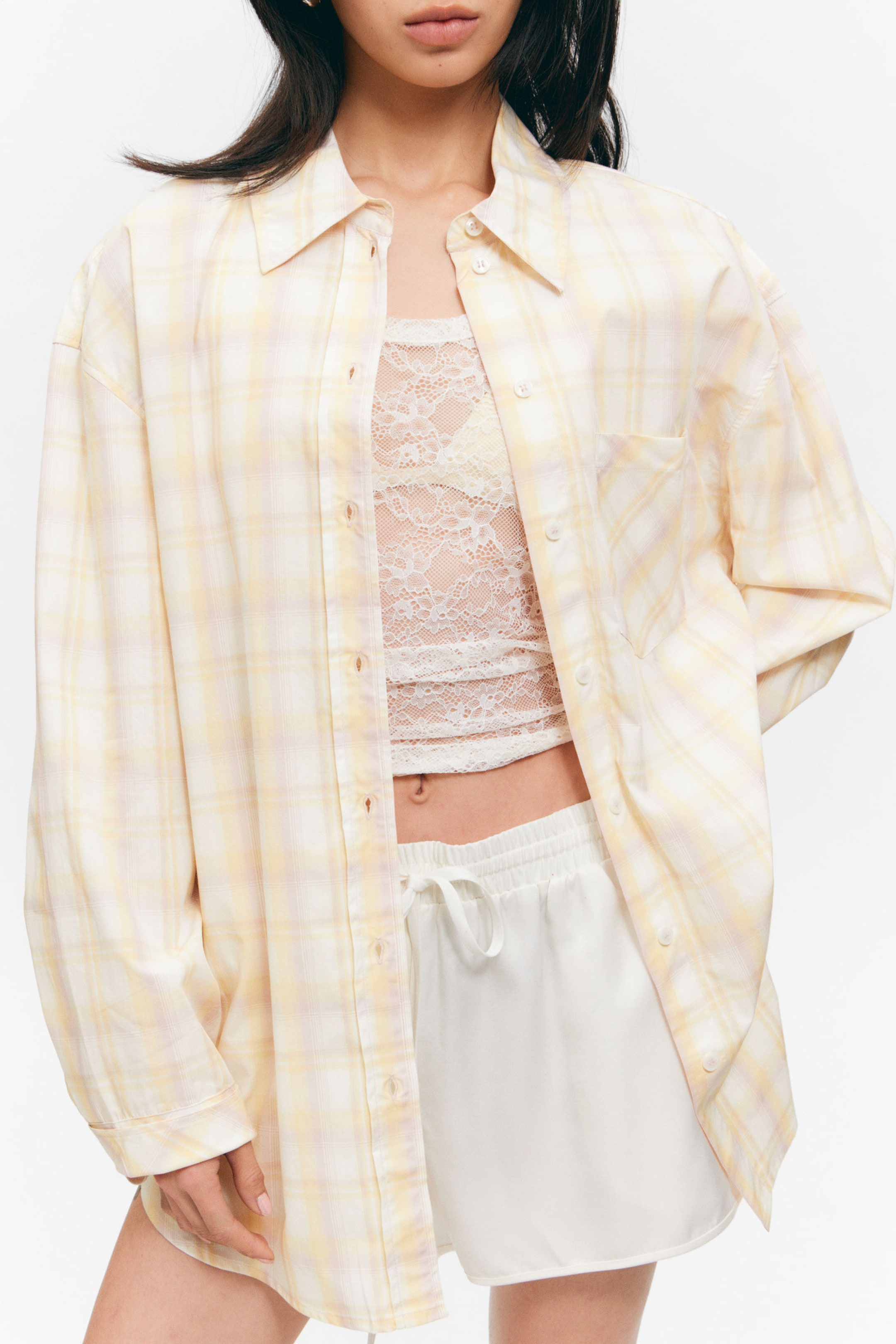 Checked Light Yellow - Long-Sleeved Oversized Poplin Shirt - 2