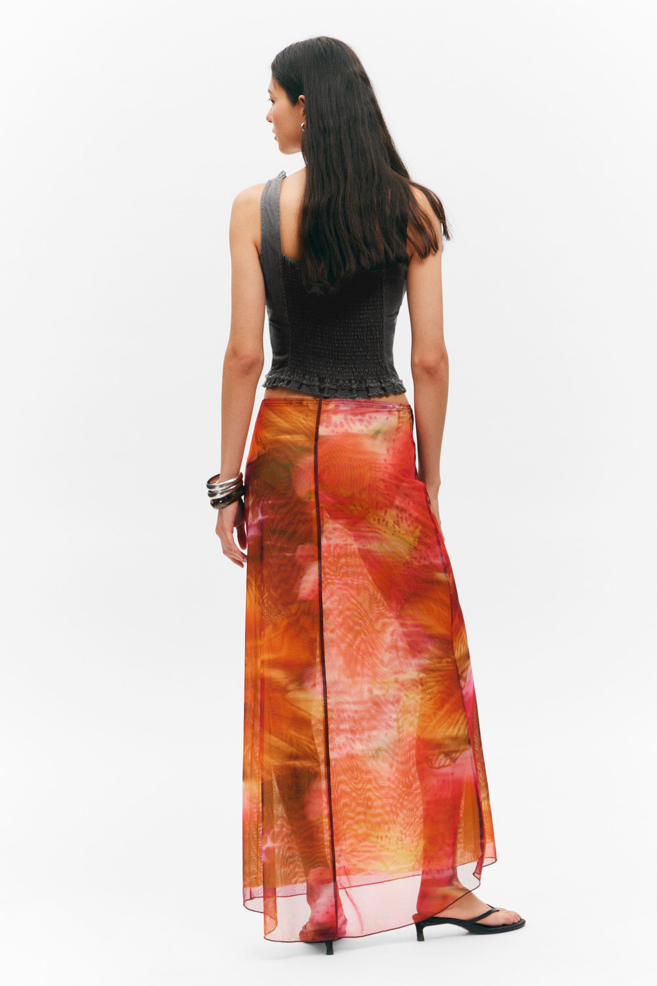 Orange/Red - Calypso Flower - Flowy High-Low Maxi Skirt - 3
