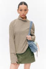 Beige & Dark Brown Stripes - Boxy Long-Sleeved Mock Turtleneck Top - 1