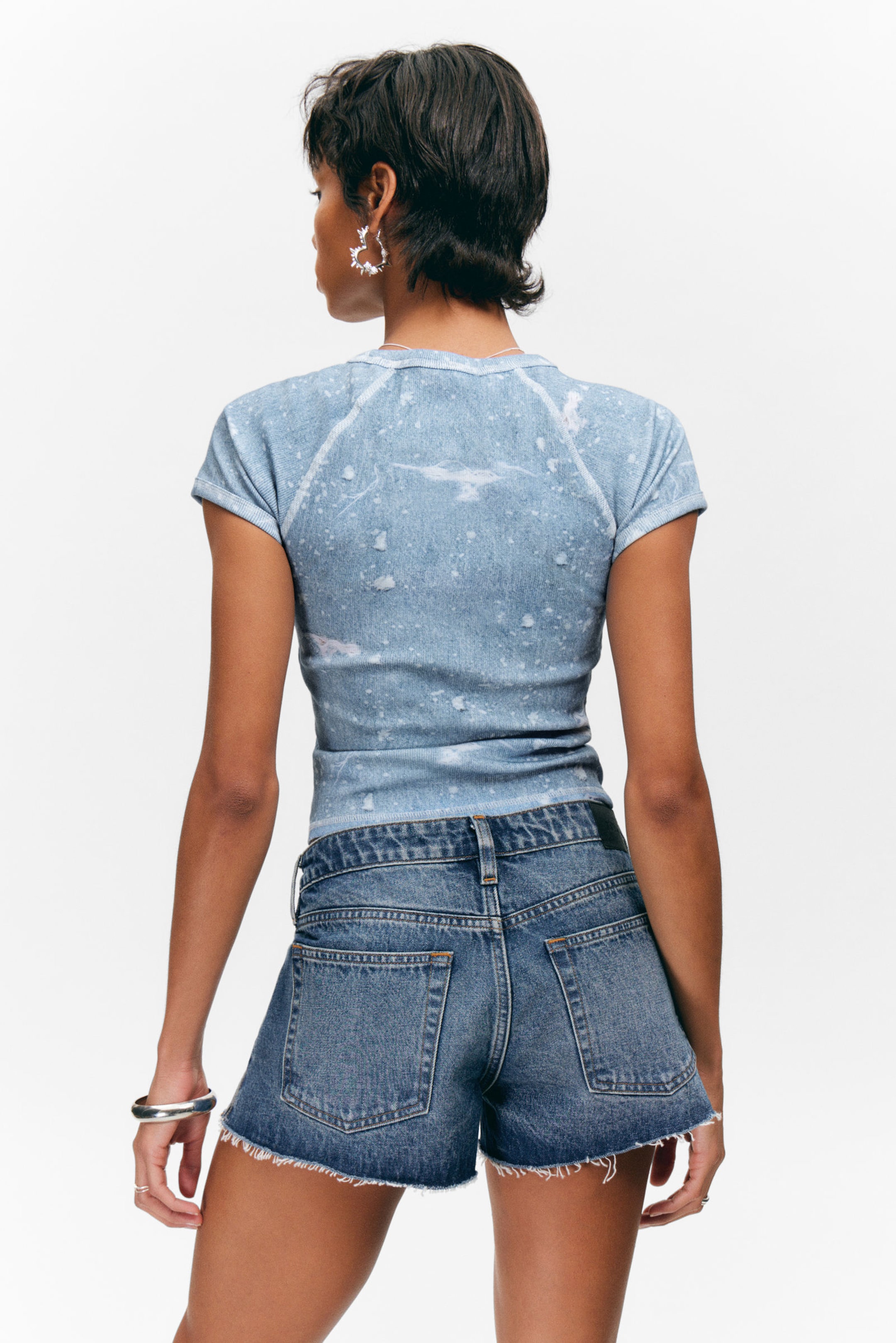 Blue - Distressed Denim Print - Contrast Stitch Fitted T-Shirt - 2