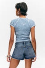 Blue - Distressed Denim Print - Contrast Stitch Fitted T-Shirt - 2