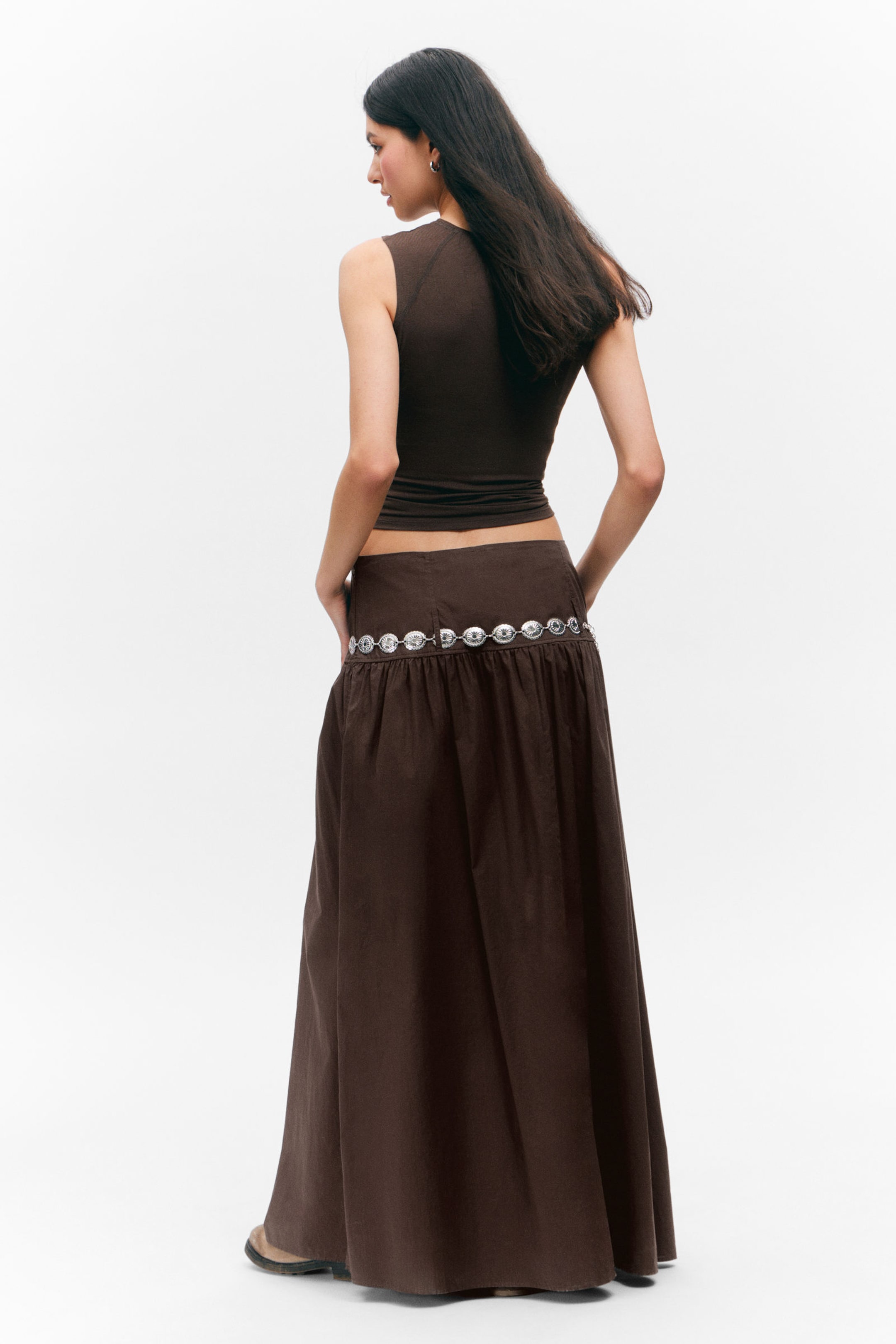 Dark Brown - Gathered Cotton Poplin Maxi Skirt - 3
