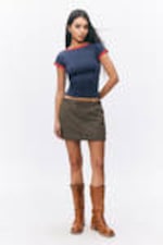 Dark Blue - Red Binding - Short-Sleeved Cowl Neck Top - 0
