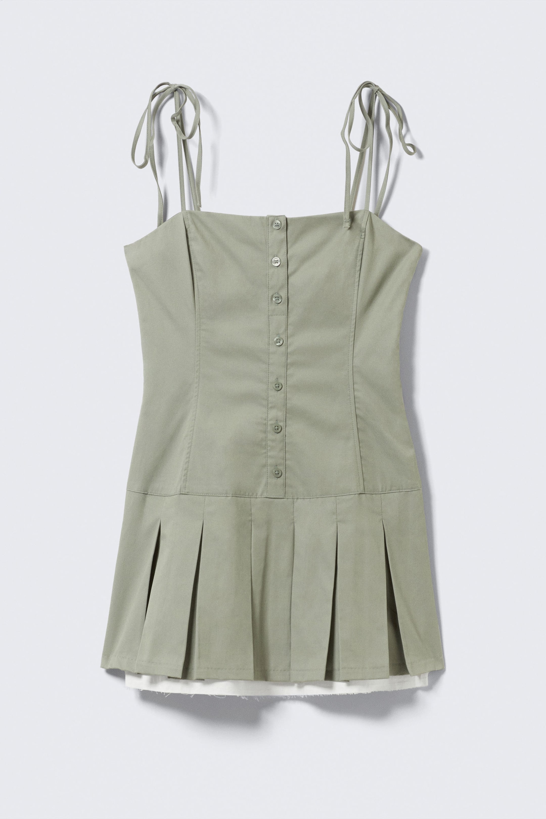 #8D8C81 - Pleated Tie-Strap Mini Twill Dress - 1