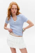 Light Blue - White Stripes - Knitted Short-Sleeved Cotton Polo Top - 0