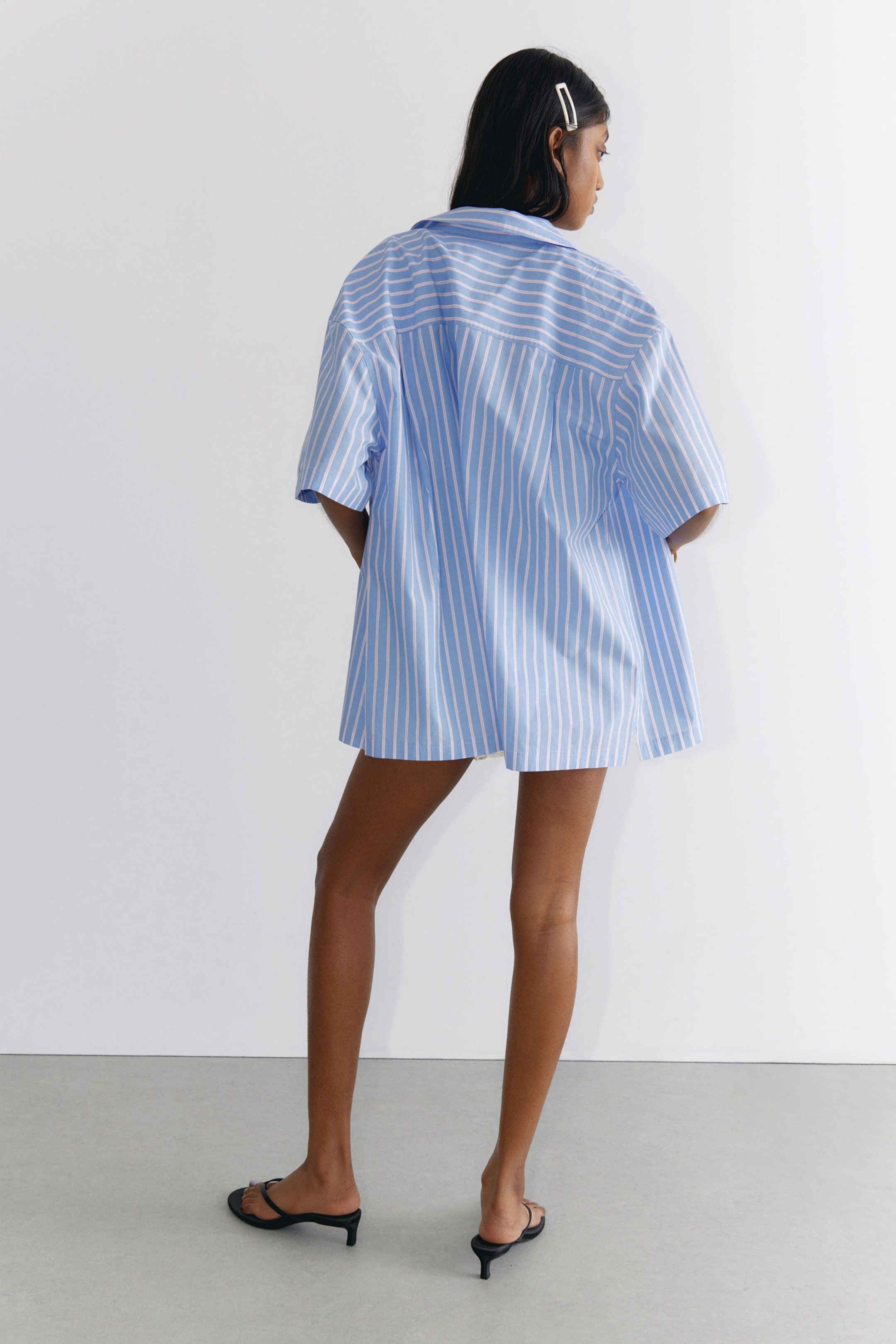 Striped Blue & Pink - Oversized Short-Sleeved Cotton Poplin Shirt - 3