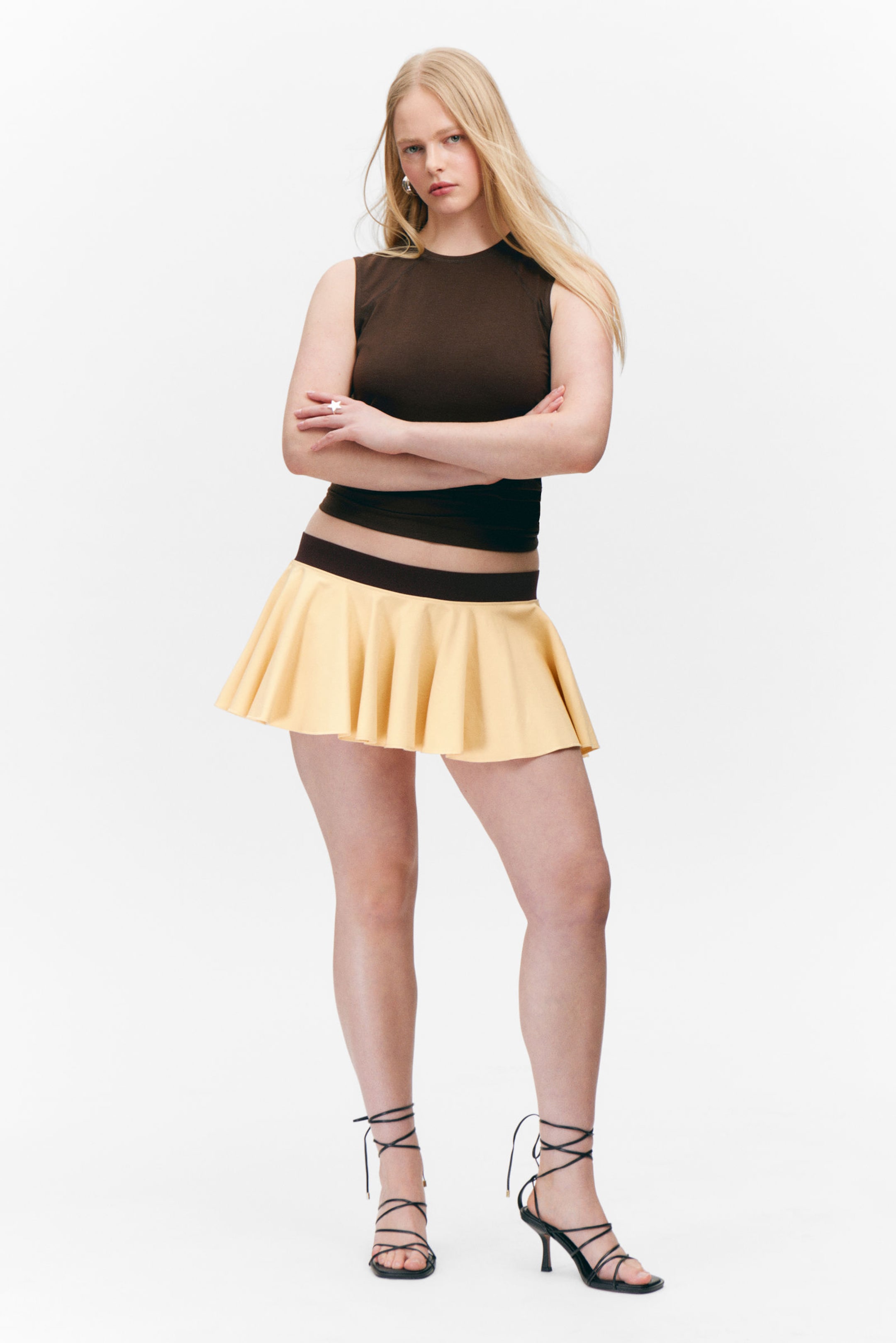 Yellow - Black Waistband - Low Rise Flared Mini Skort - 0