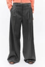 Striped Dark Grey - Pleated High Waist Wide Leg Suiting Trousers - 1