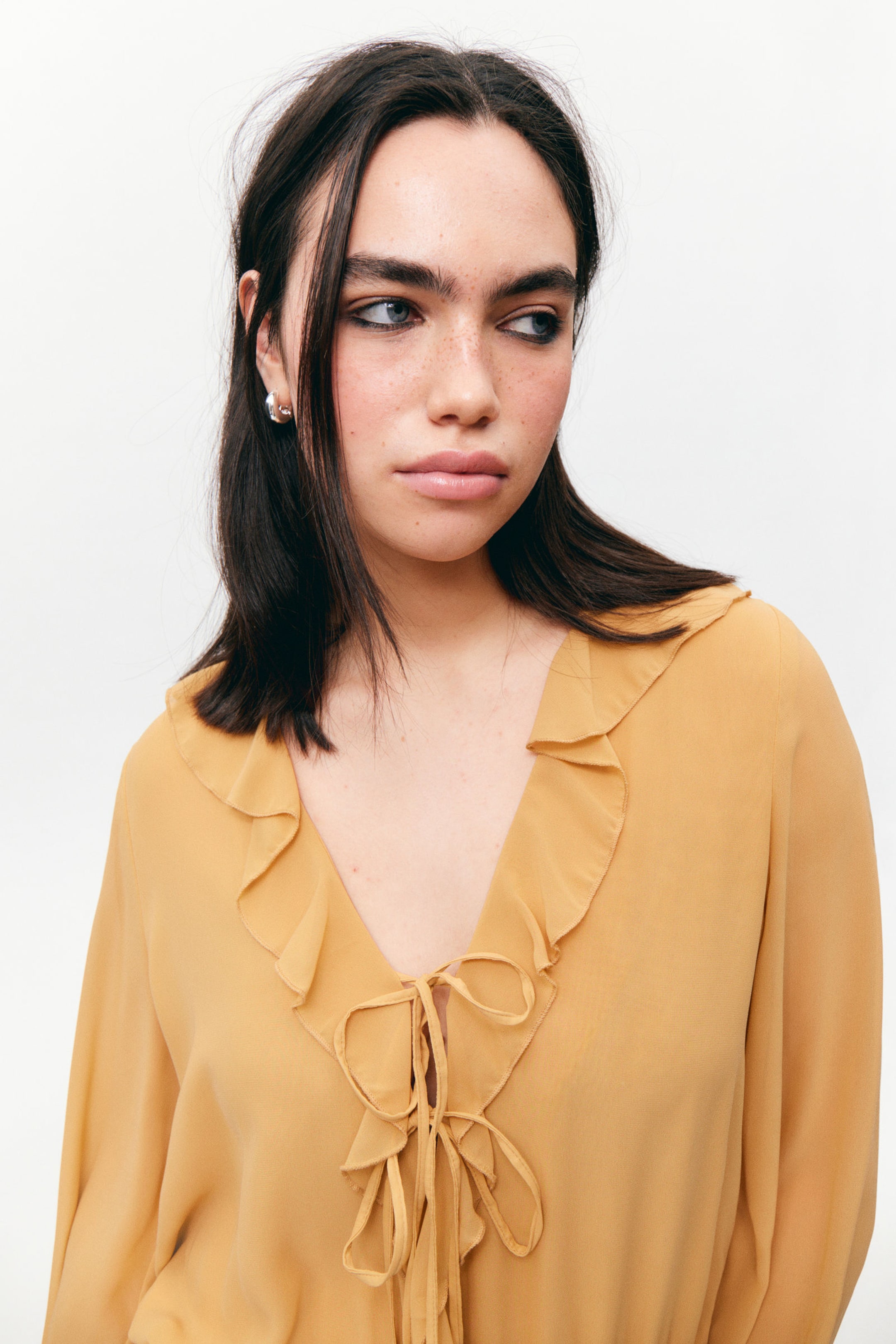 Mustard Yellow - Frilled V-neck Mini Dress - 2