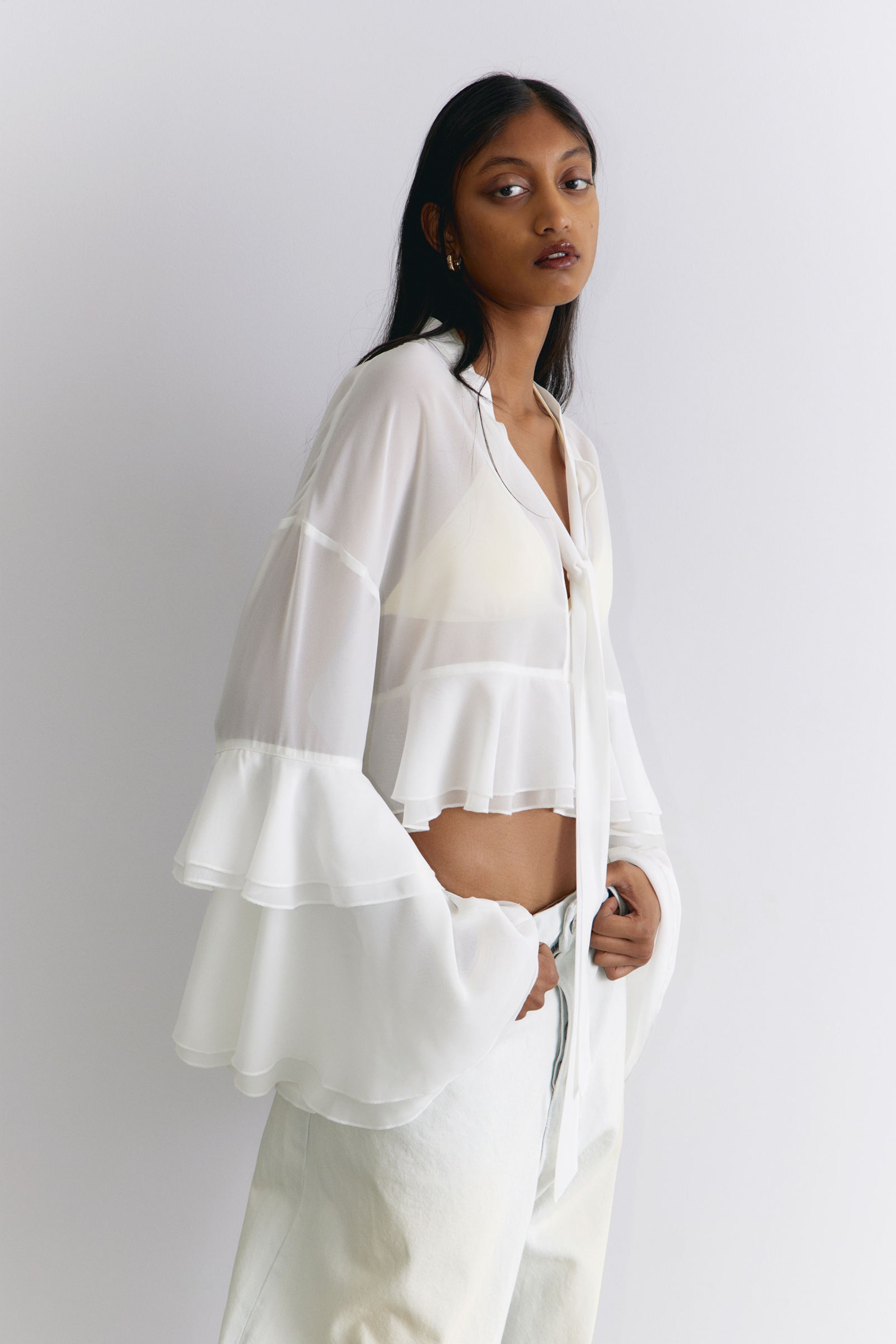 #ECE9E2 - Flared Frill-Sleeved Tie-Neck Blouse - 1