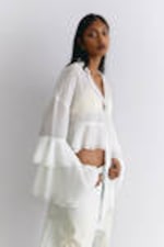 White - Flared Frill-Sleeved Tie-Neck Blouse - 0