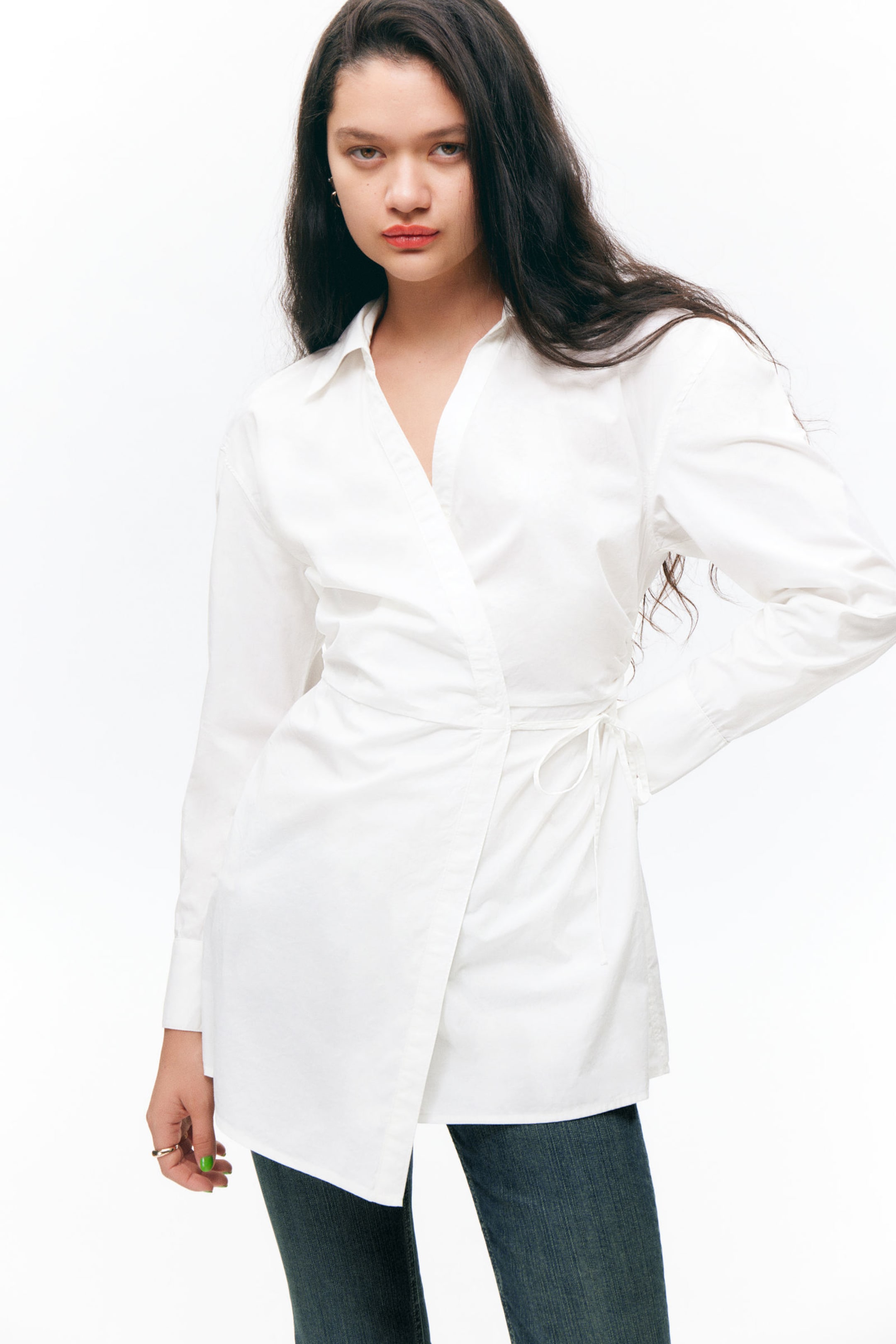 #F0EFEC - Long-Sleeved Mini Wrap Shirt Dress - 1