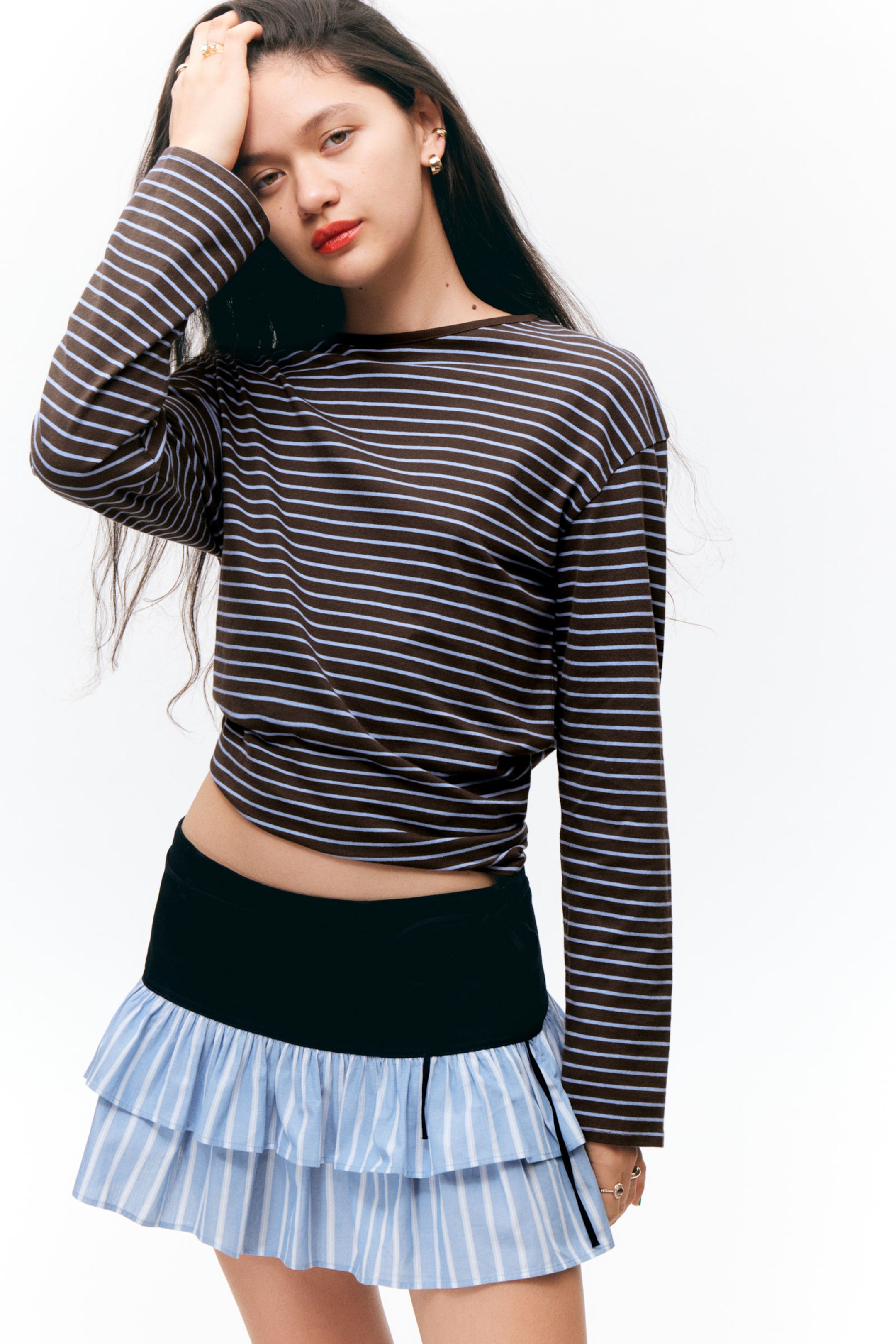 Dark Brown & Blue Stripes - Boxy Sleeve T-Shirt - 1