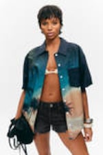 Dark Blue - Palm Fiction - Oversized Short-Sleeved Cotton Poplin Shirt - 0