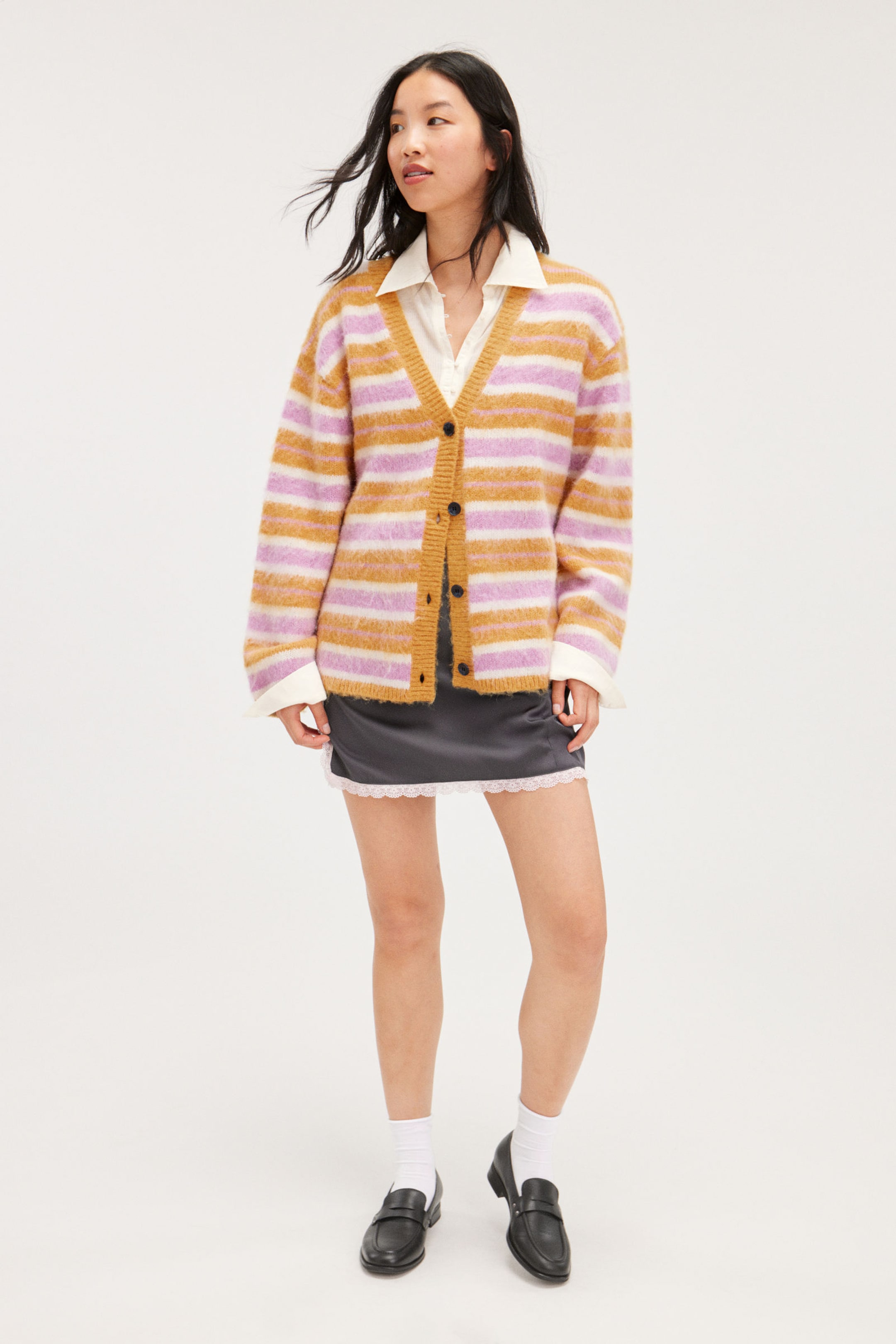 Dark Yellow Stripe - Fluffy knit cardigan - 1