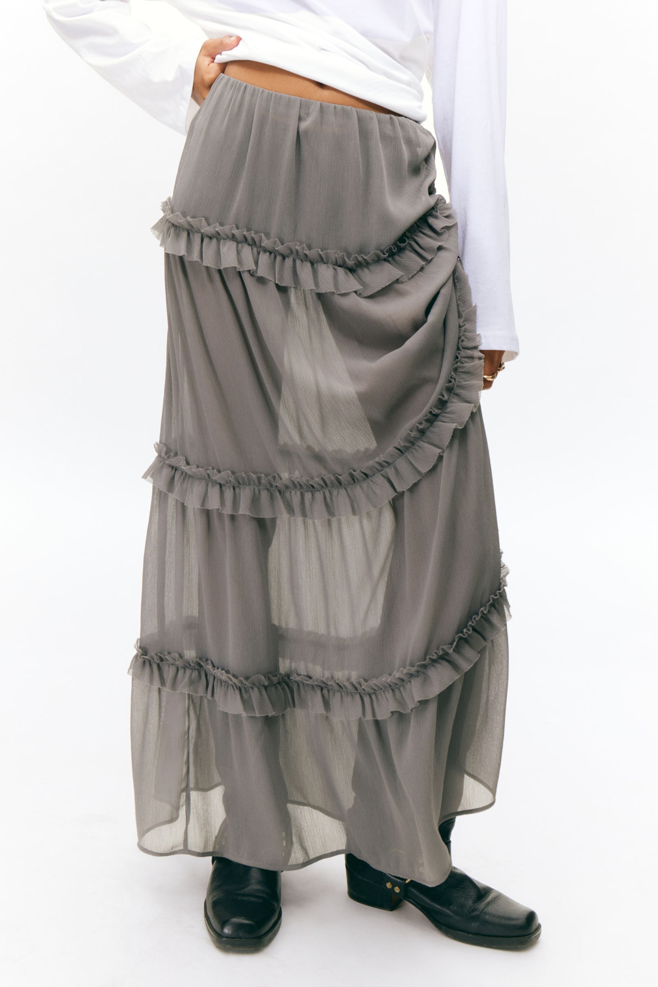 Dusty Grey - Tiered Frilled Maxi Skirt - 2