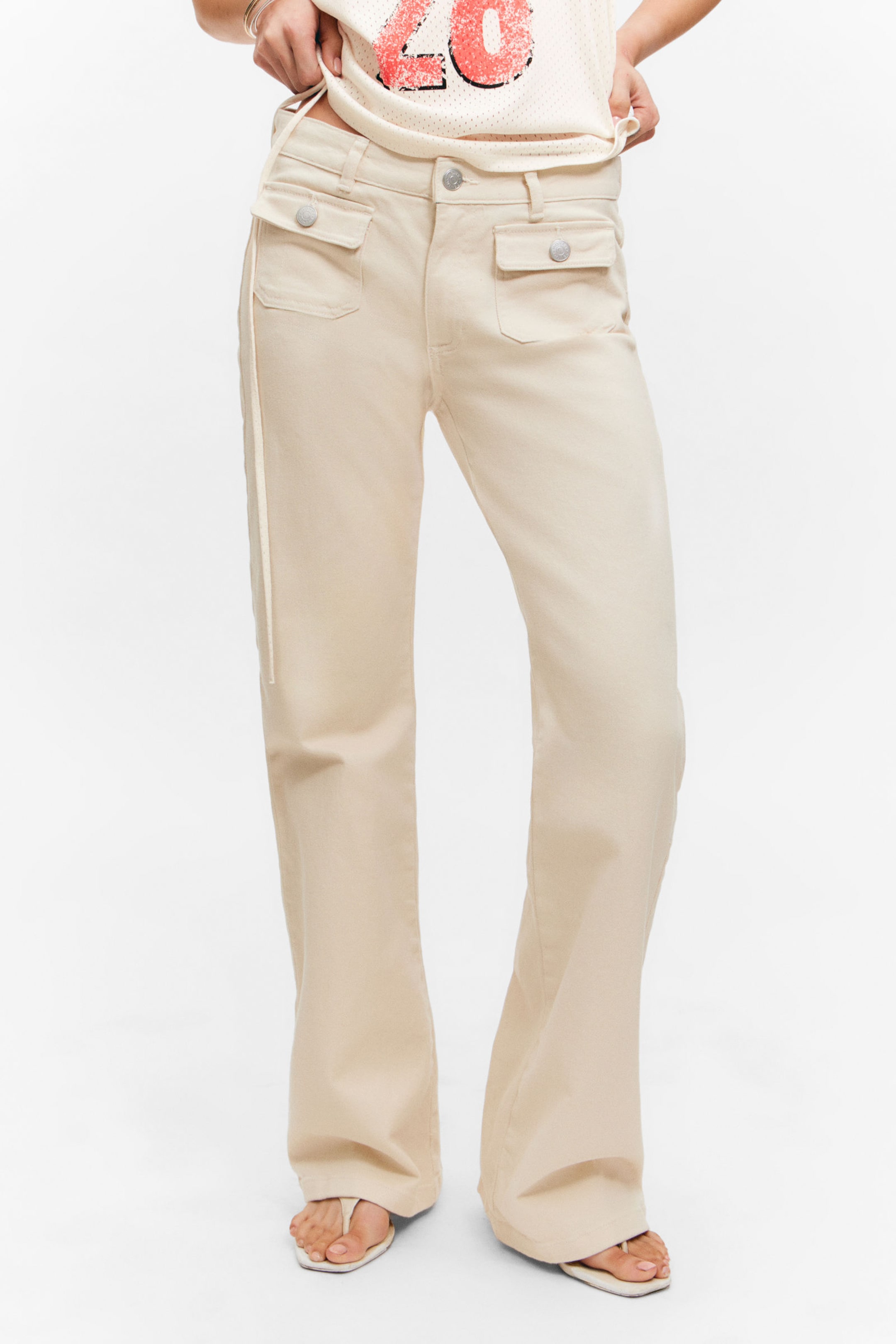Light Beige - Low Waisted Bootcut Twill Trousers - 2