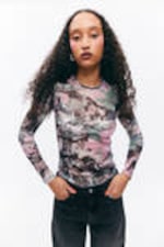 Muted Wild - Long-Sleeved Printed Mesh Top - 0
