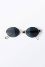 Golden - Dark Blue Lenses - Minimal Metal Oval Sunglasses - 2