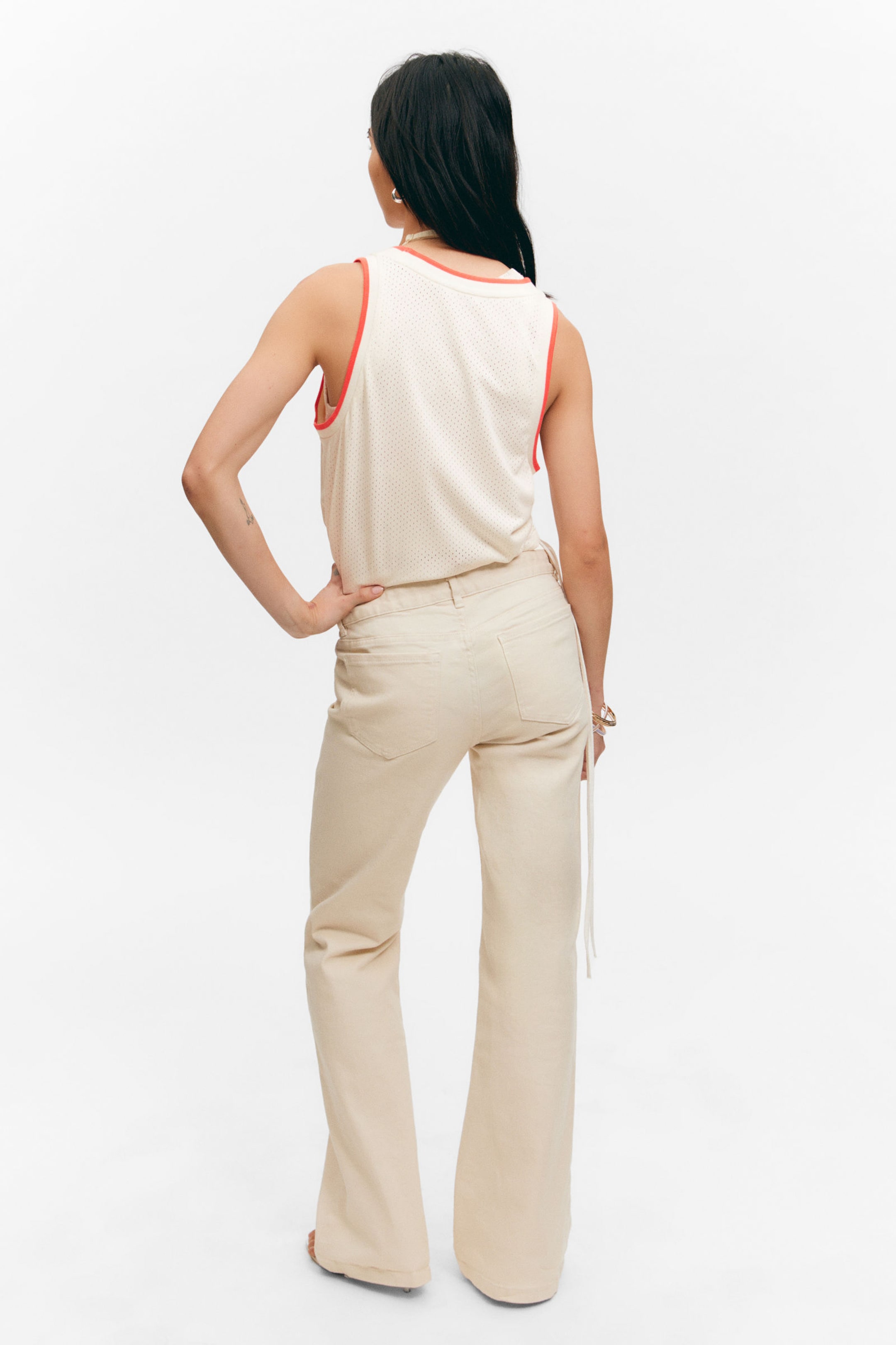 Light Beige - Low Waisted Bootcut Twill Trousers - 3