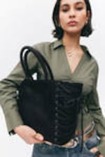Black - Lacing Cotton Handbag - 1